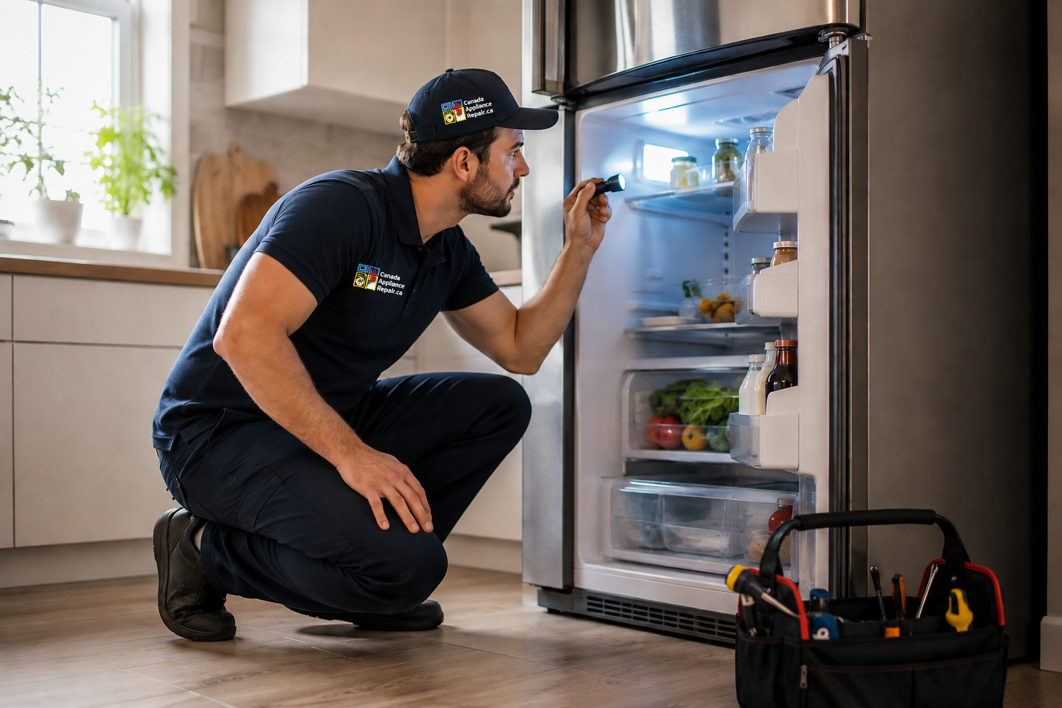Technician repairing a refrigerator that is not cooling in a Toronto home