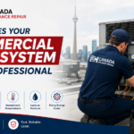 Commercial HVAC system repair technician inspecting commercial heating and cooling equipment in Toronto