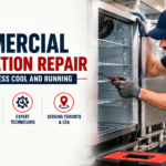Commercial refrigeration repair technician servicing a commercial refrigerator in Toronto