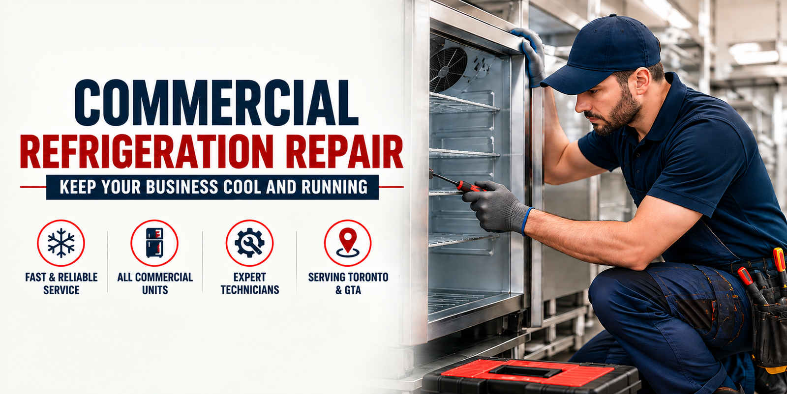 Commercial refrigeration repair technician servicing a commercial refrigerator in Toronto